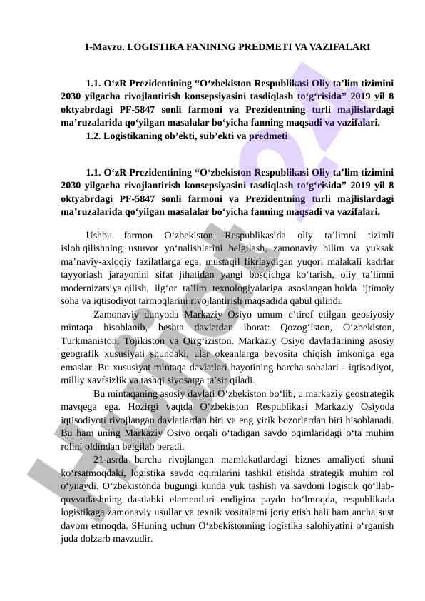Logistika fanining predmeti va vazifalari