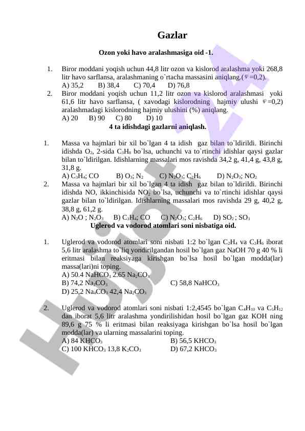 Gazlar ozon va havo aralashmasi bilan testlar
