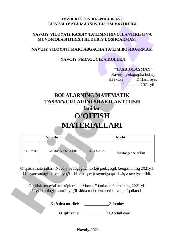 Bolalarning Matematika Tasavvurlarini Shakilantirish