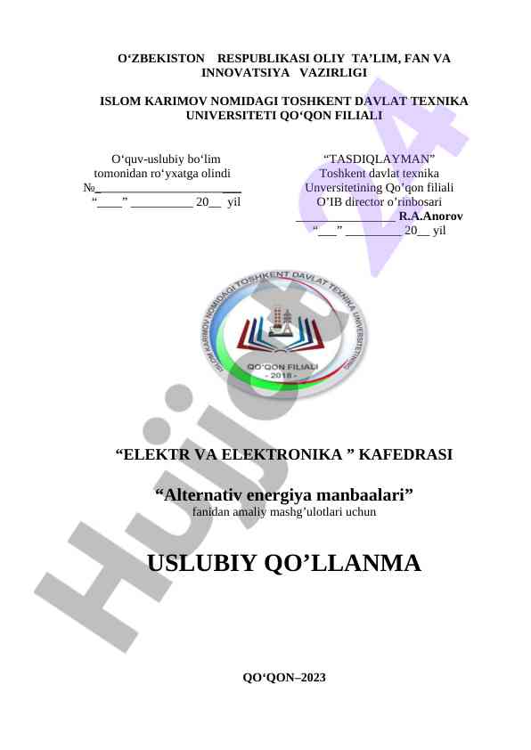 Alternativ energiya manbaalari fanidan amaliy mashg‘ulotlar