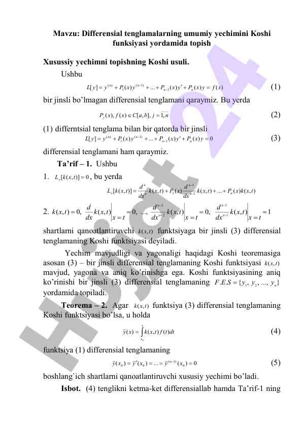Differensial tenglamalar va kosi funktsiyasi yechimi