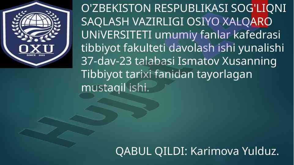 Gippokrat haqida tibbiyot tarixi mustaqil ishi