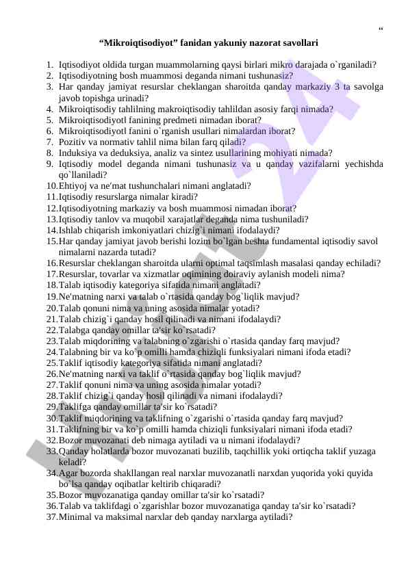 Mikroiqtisodiyot fanidan yakuniy nazorat savollari