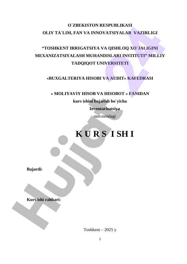Inventarizatsiya mavzusidagi kurs ishining hisobi