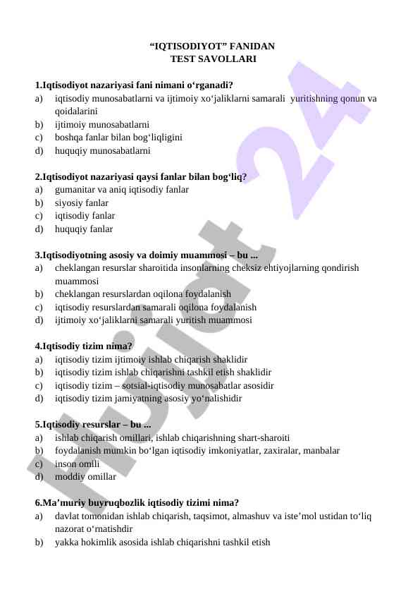 Iqtisodiyot Fanidan Test Savollari