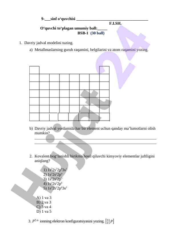 Kimyo testlari va savollari