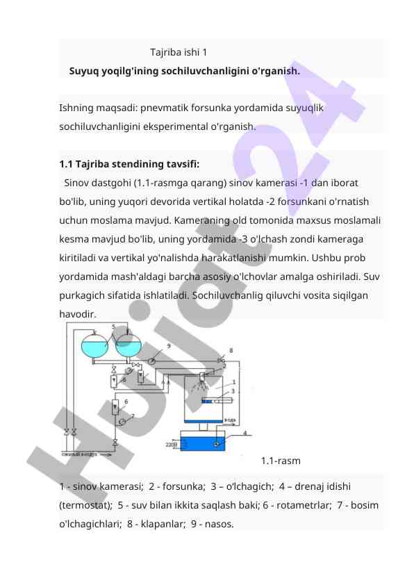 Suyuq yoqilg'ining sochiluvchanligini o'rganish tajribasi