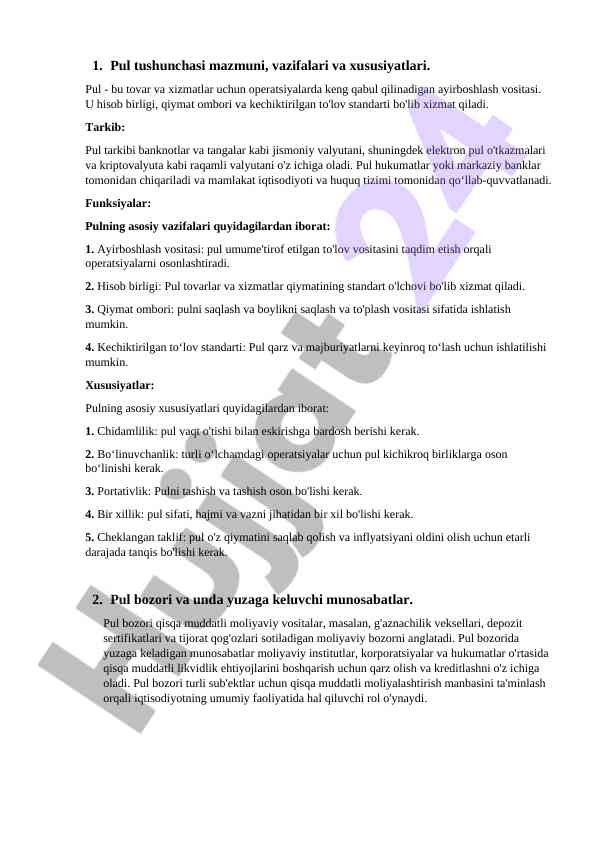 Pul tushunchasining vazifalari va xususiyatlari