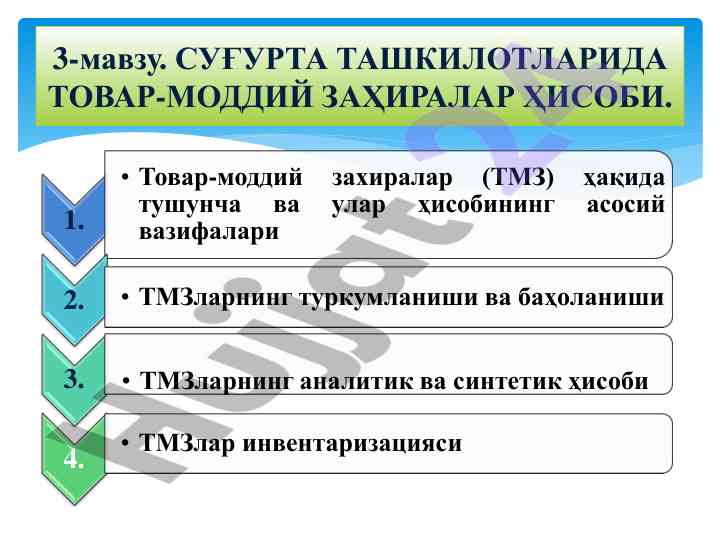 Tovar-moddiy zahiralari hisobi va tashkilotlari