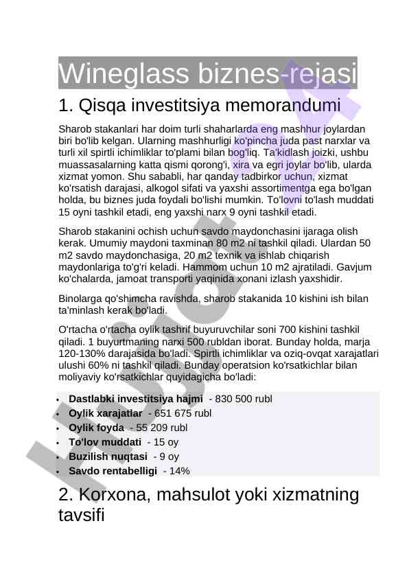 Wineglass biznes-rejasi yozish va investitsiya yondoshuvi