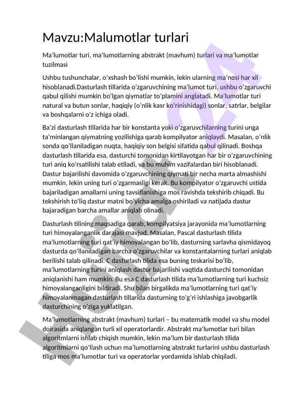 Malumotlar turlari va dasturlash tillari