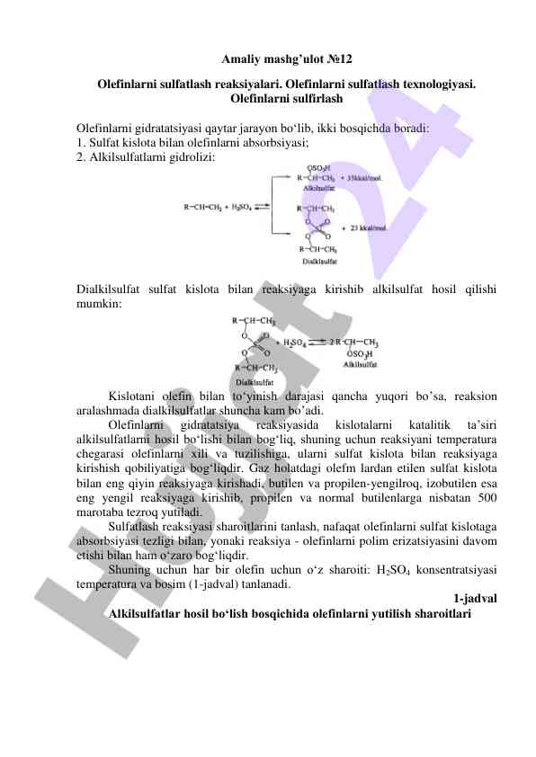 Olefinlarni sulfatlash reaksiyalari tadqiqi