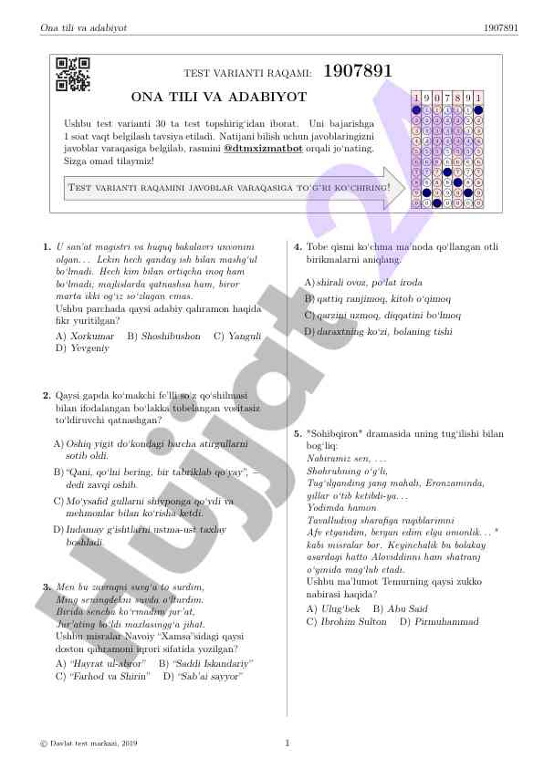 Ona tili va adabiyot test varianti 1907891
