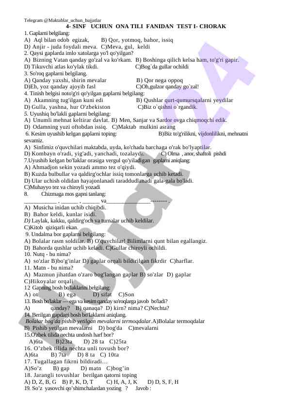 Ona tili fanidan test: 4-sinf uchun i-qism