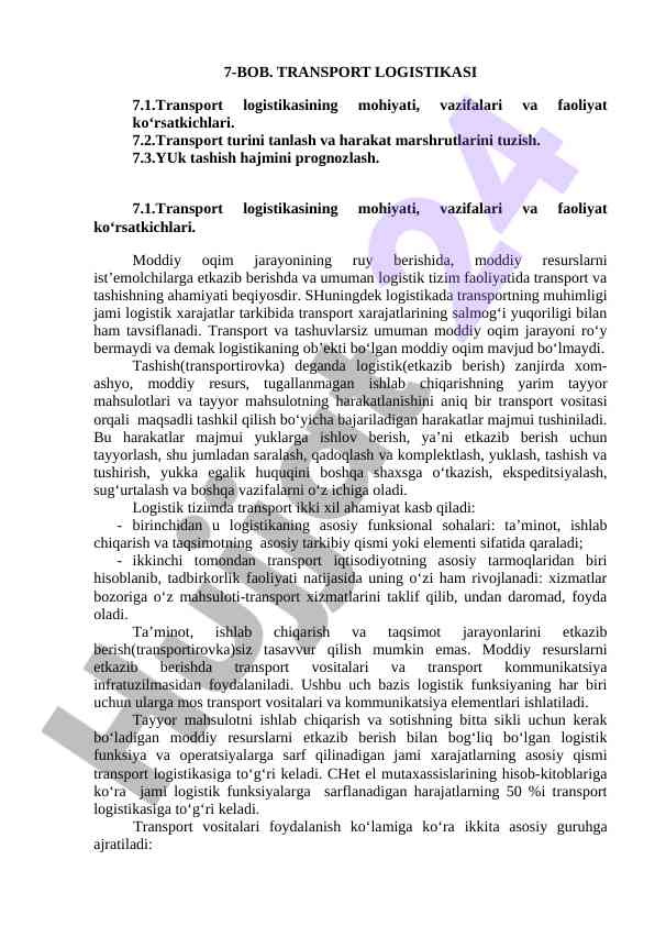 Transport logistikasi va faoliyat ko‘rsatkichlari