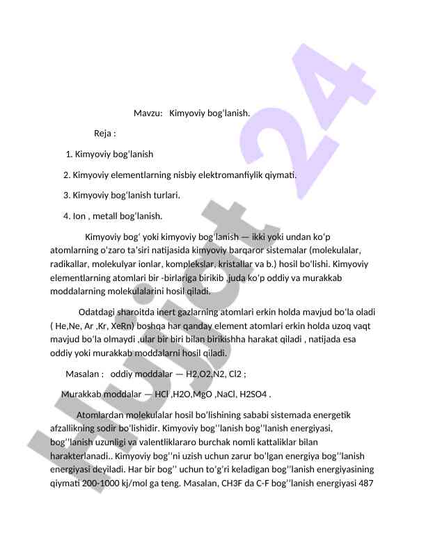Kimyoviy Bog‘lanish Turlari Va Xususiyatlari