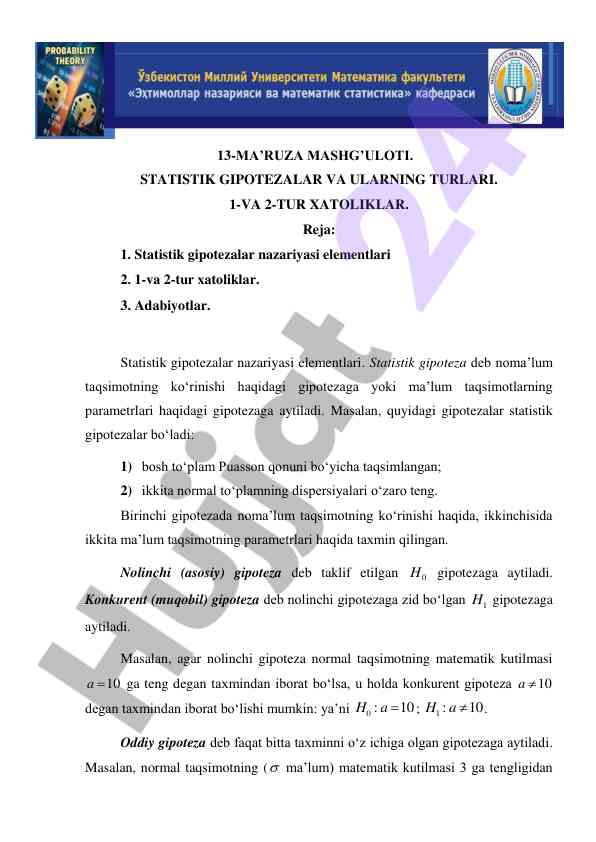 Statistik gipotezalar va xatoliklar turlari