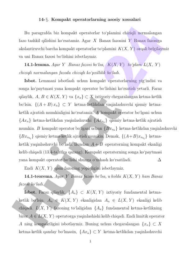 Kompakt operatorlarning asosiy xossalari