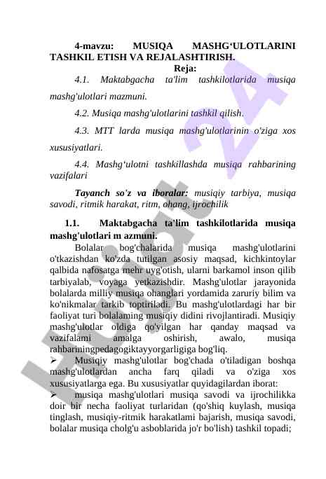 Musiqa mashg‘ulotlarini tashkil etish va rejalashtirish