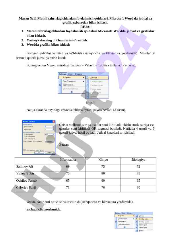 Microsoft wordda jadval va grafiklar bilan ishlash qoidalari