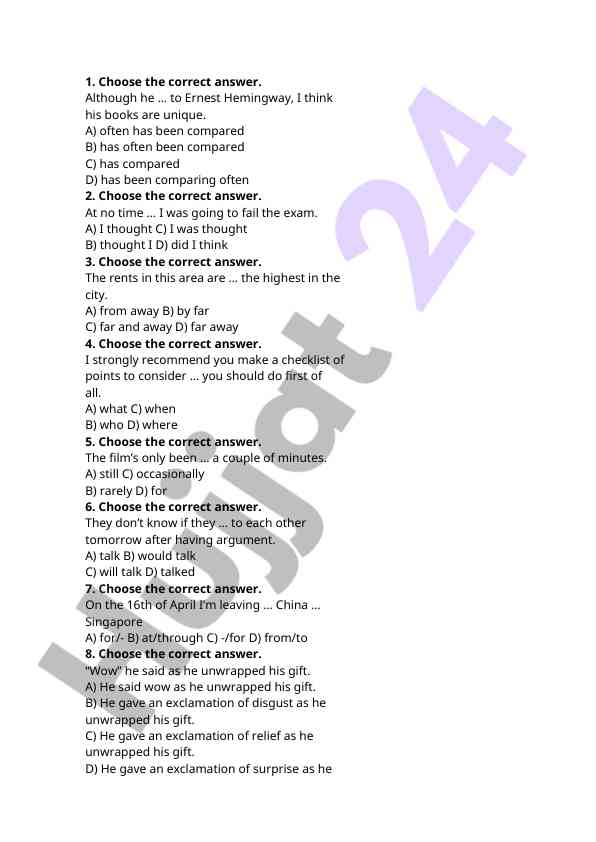 English grammar multiple choice questions sample