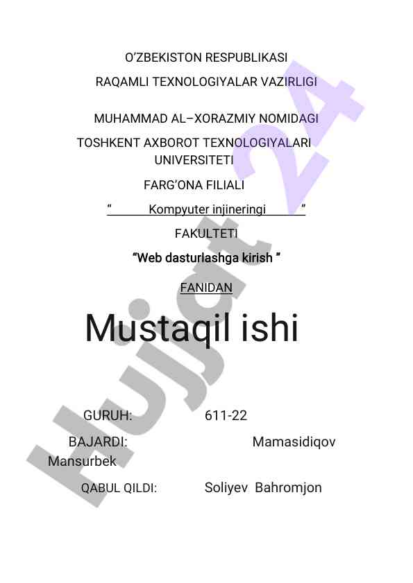 Dars jadvali veb saytini yaratish bo'yicha mustaqil ish
