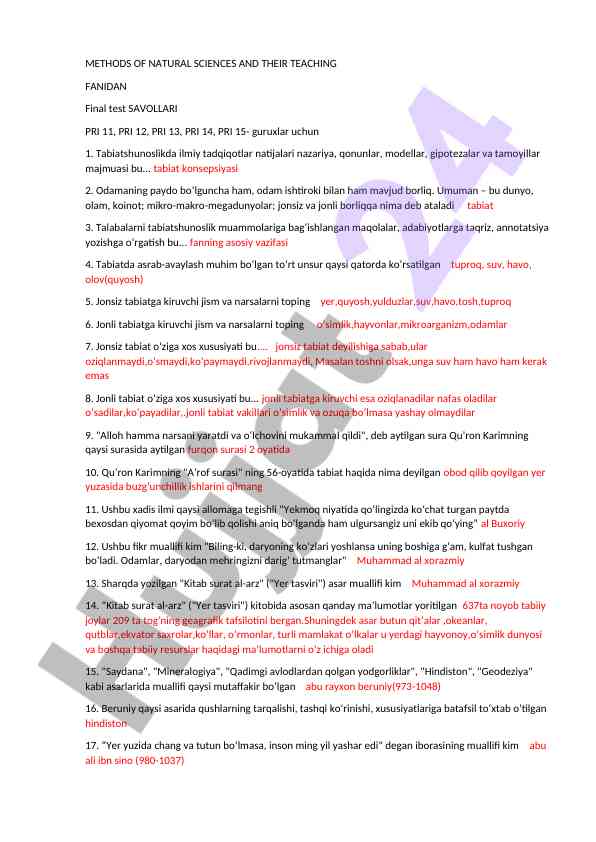 Tabiatshunoslik fanidan yakuniy test savollari