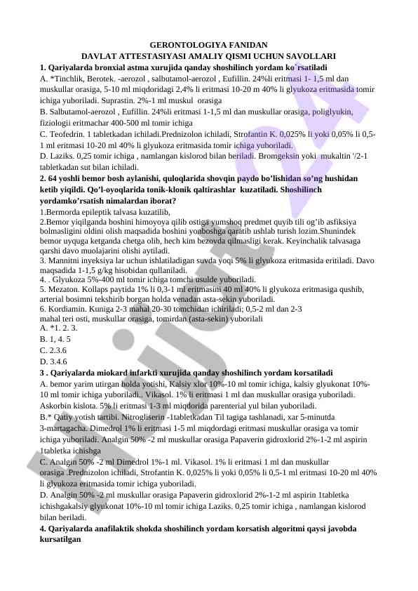 Gerontologiya fanidan davlat attestatsiyasi savollari
