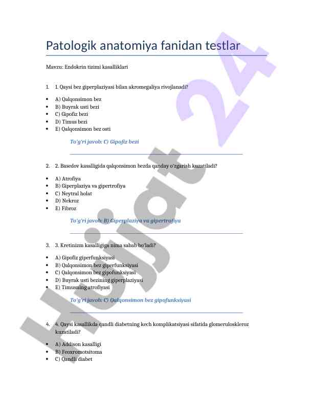 Endokrin tizimi kasalliklari bo‘yicha testlar