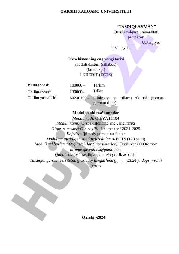 O'zbekistonning eng yangi tarixi moduli dasturi