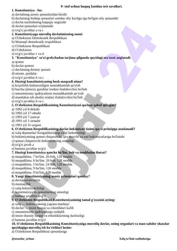 9-sinf huquq fanidan test savollari