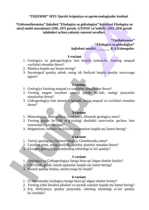 Ekologiya va gidrologiya final nazorat savollari