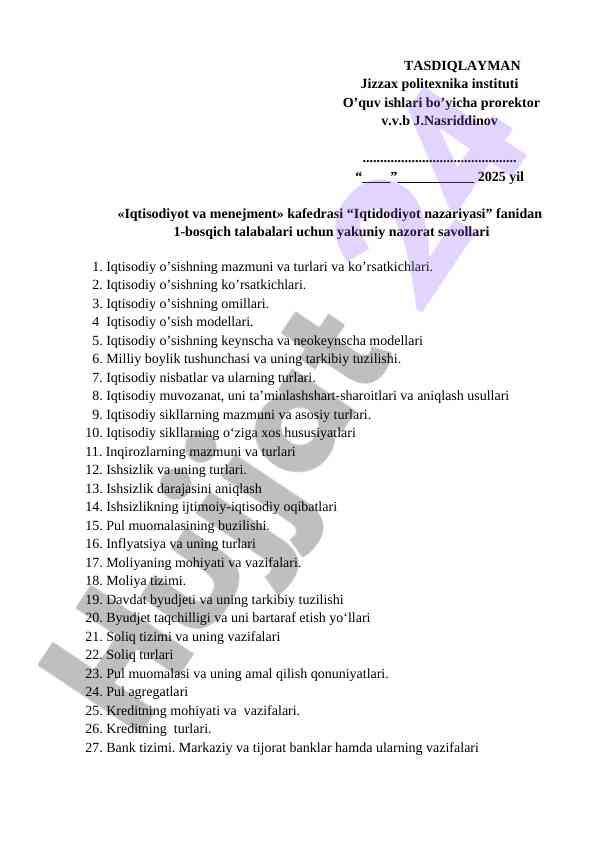 Iqtisodiyot nazariyasi fanidan yakuniy nazorat savollari