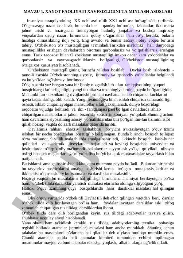 Xayot faoliyati xavfsizligini ta'minlash asoslari