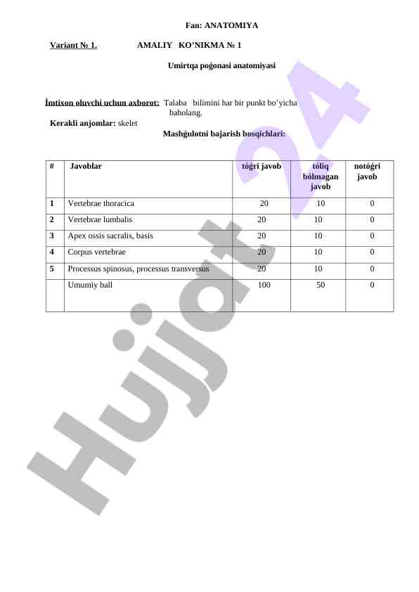 Anatomiya amaliy ko‘nikmalarini baholash