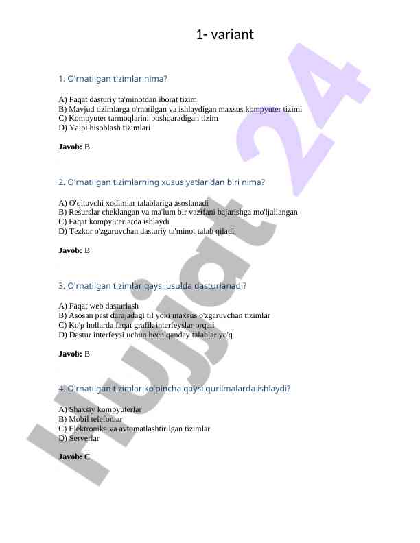 O'rnatilgan tizimlar haqida test savollari