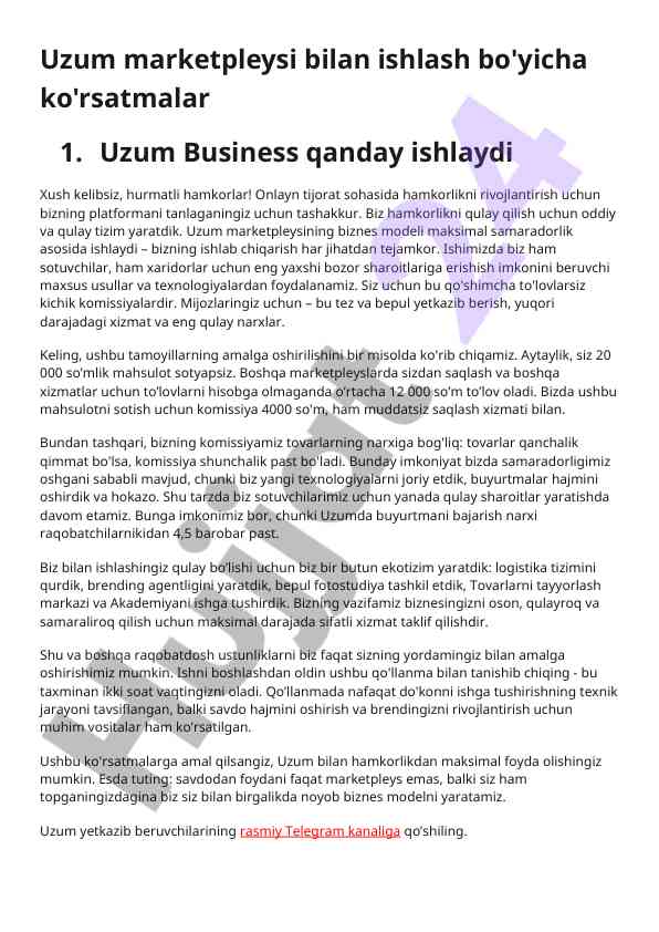 Uzum marketpleysi bilan ishlash bo'yicha ko'rsatmalar