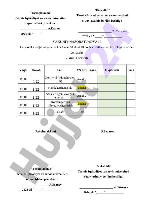 Yakuniy nazorat jadvali