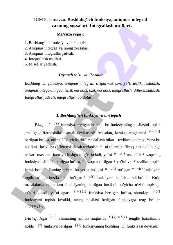 Boshlahg’ich funksiya va aniqmas integral taqdimoti