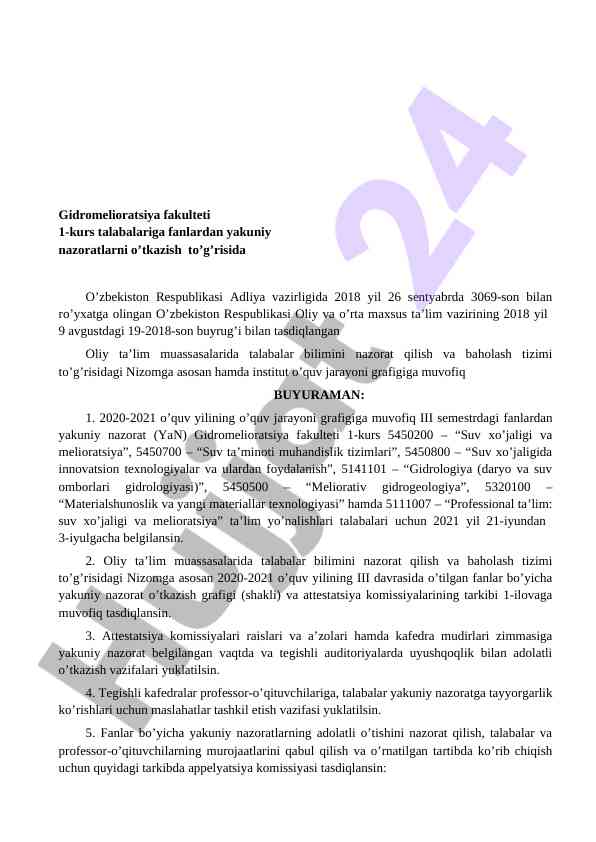 Gidromelioratsiya fakulteti talabalari uchun nazorat