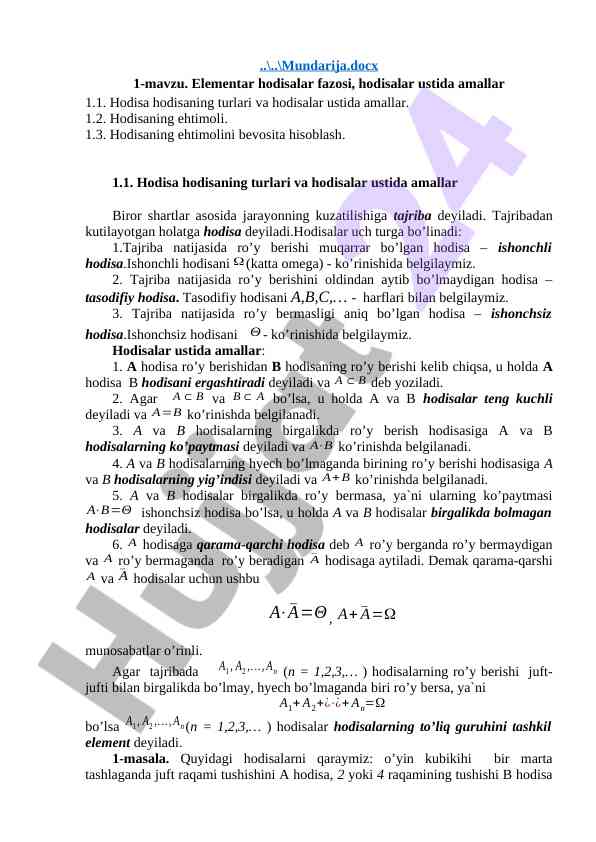 Elementar hodisalar fazosi va ehtimollik masalalari