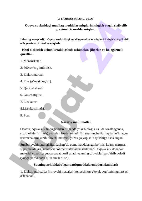 Oqova suvlaridagi muallaq moddalarni aniqlash usullari