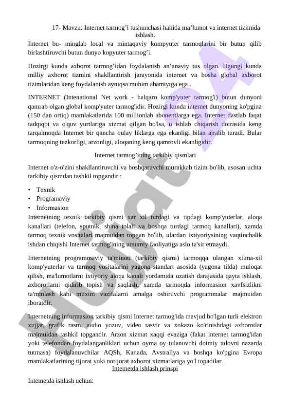 Internet tarmog’i tushunchasi va ishlash tizimi