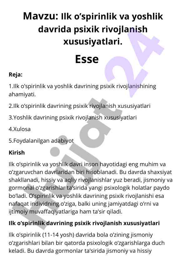 Psixik rivojlanishning ilk o'spirinlik va yoshlik davri