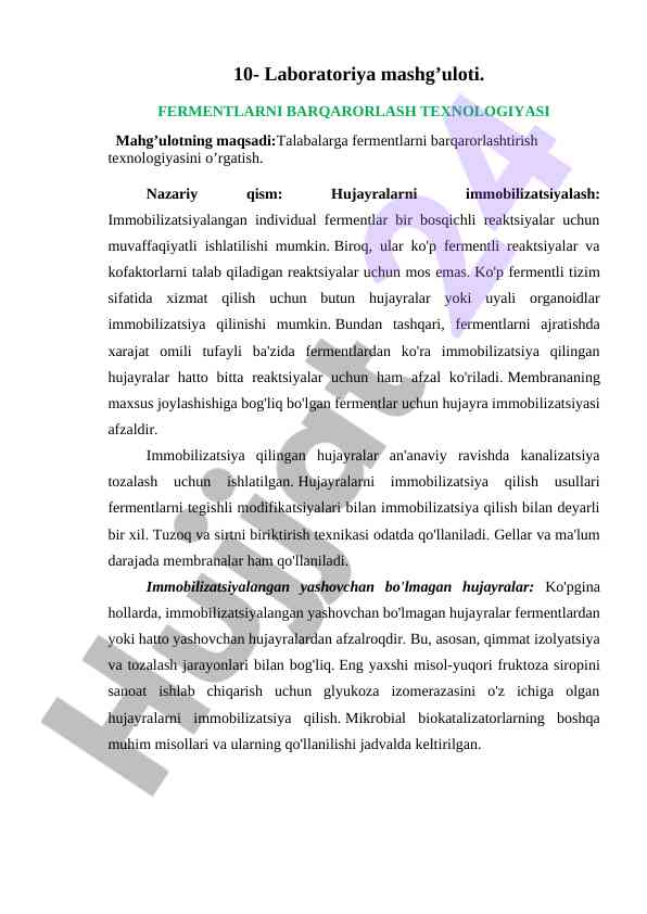 Fermentlarni barqarorlashtirish texnologiyasi o‘rganish