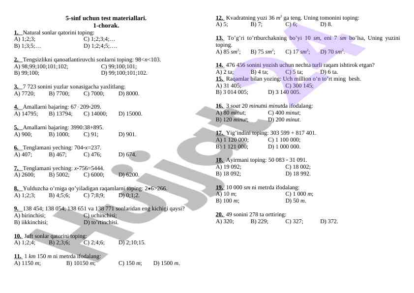 5-sinf uchun test materiallari 1-chorak