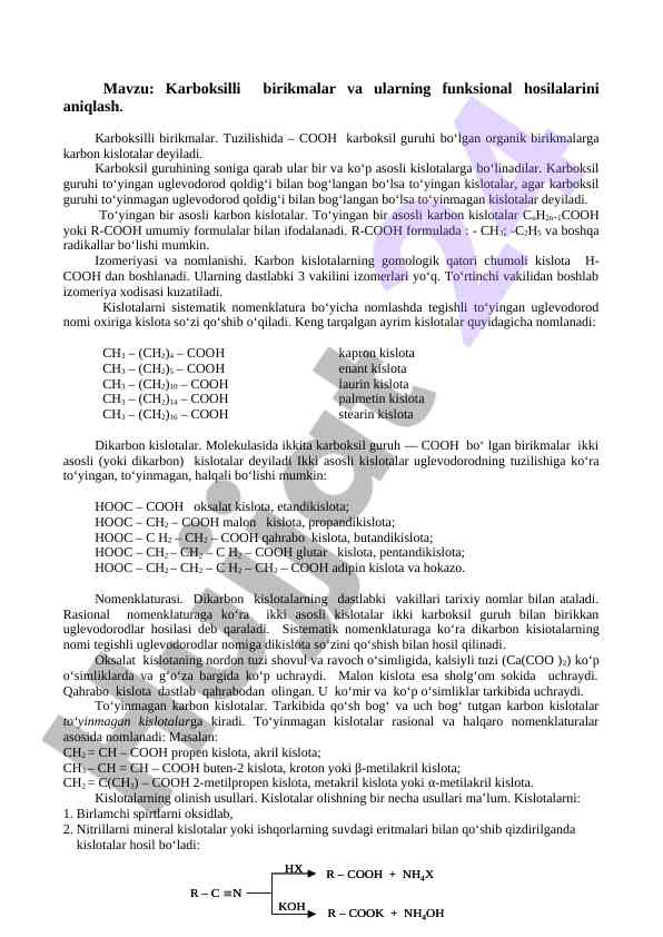 Karboksilli birikmalar va ularning funksional hosilalari