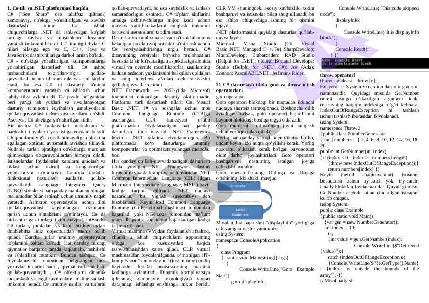 C# Tili Va .NET Platformasi Haqida