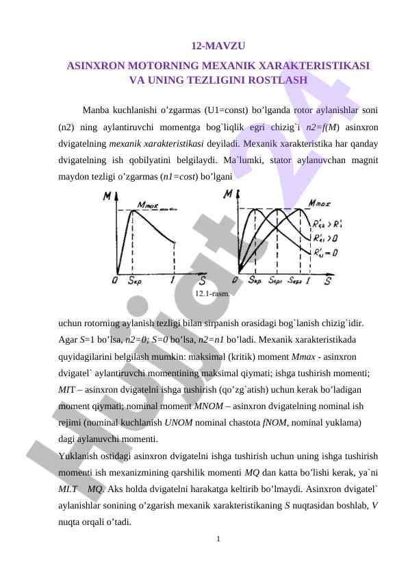 Asinxron motornning mexanik xarakterning tahlili