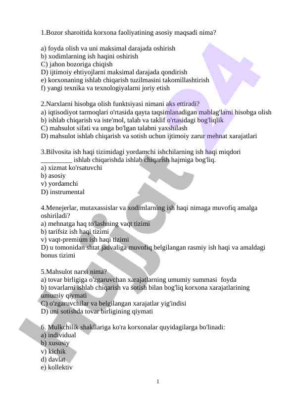 Korxona faoliyati bo'yicha asosiy savollar